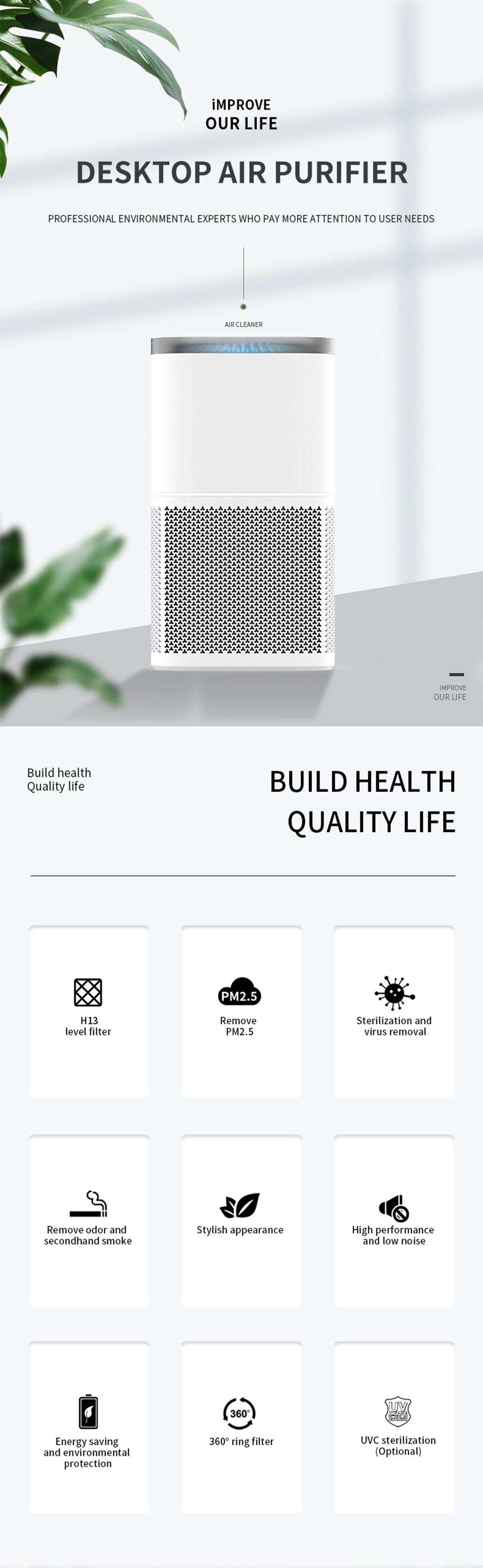 Olansi Latest Best 250m3h Cadr Hospital Air Purifier Desktop UVC H13 Air Purifier WiFi Air Cleaner for Adults Kids