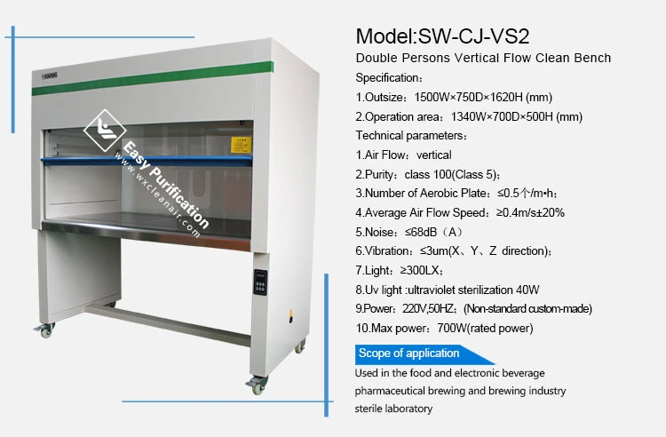 Class 100 Laminar Flow Cabinet, Double-Person Clean Bench, H14 HEPA Filter, Universal Wheel